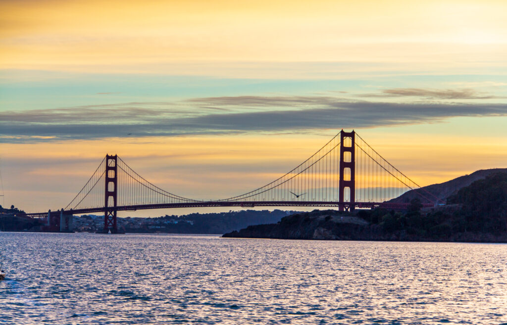 The Golden Gate Bridge in San Francisco at dusk.