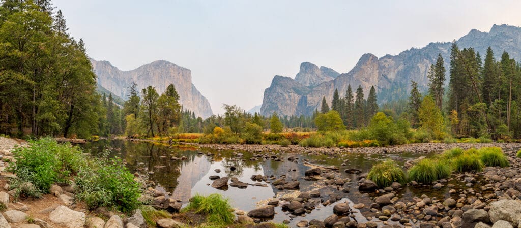 Yosemite Valley View. There was no wind so it was extremely smoky. The upside is that the water was very reflective