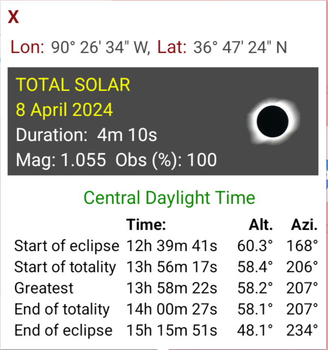 Start and end times for my location in Poplar Bluff, MO